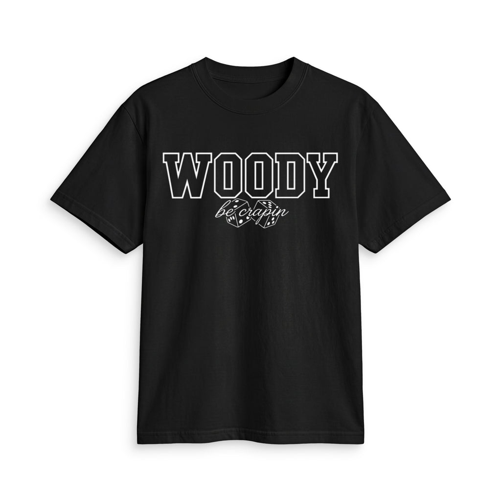 Varsity Woody Tee, black, front view