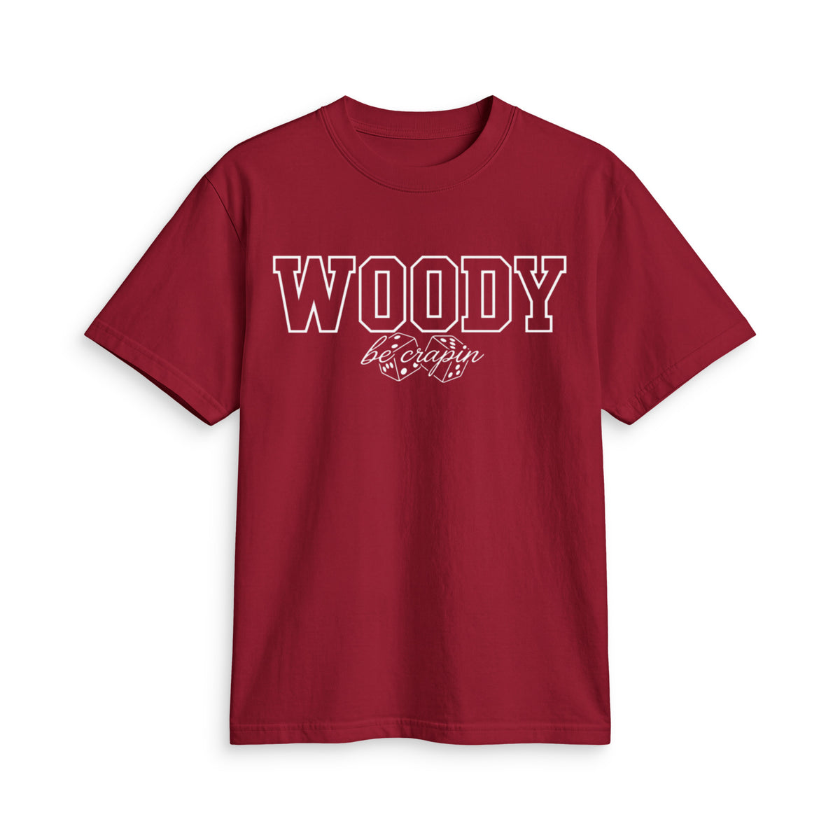 Varsity Woody Tee, cardinal red, front view