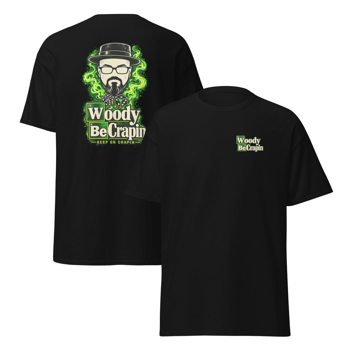 Breaking Wood tee, black, front and back view