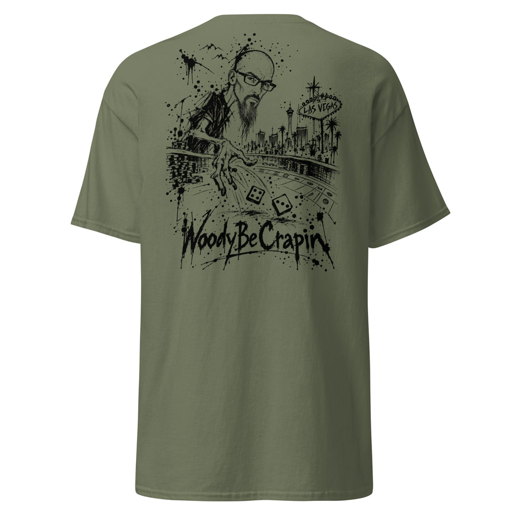 Degenerate Shooter tee, military green, back view