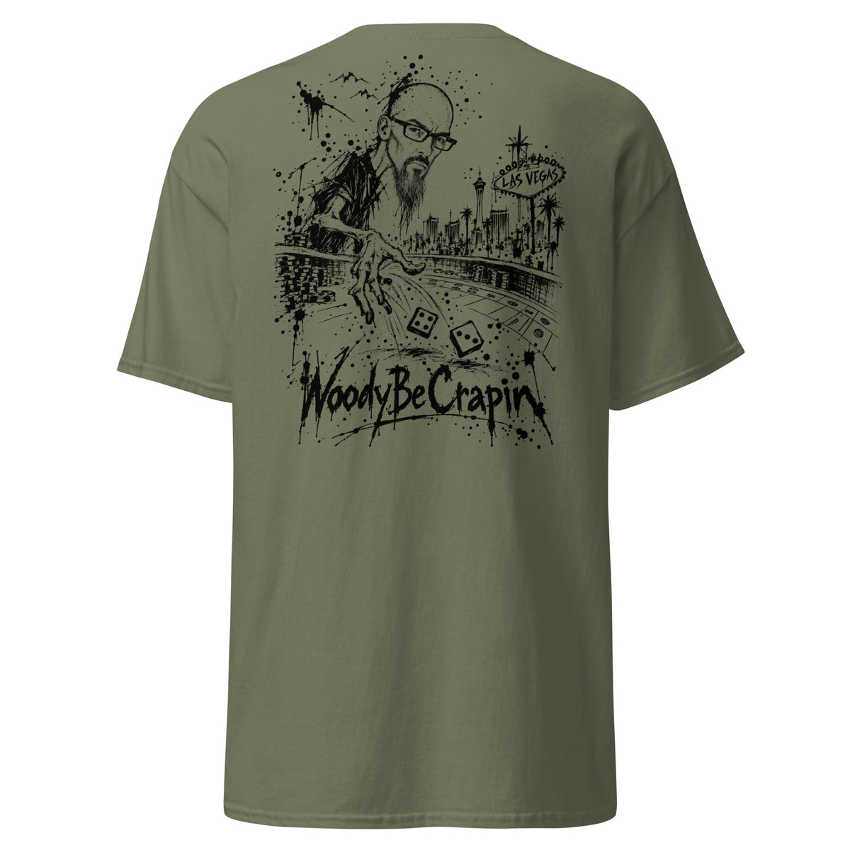 Degenerate Shooter tee, military green, back view
