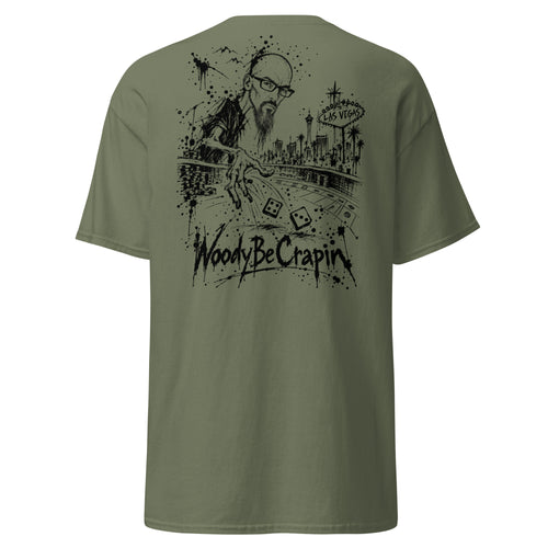Degenerate Shooter tee, military green, back view