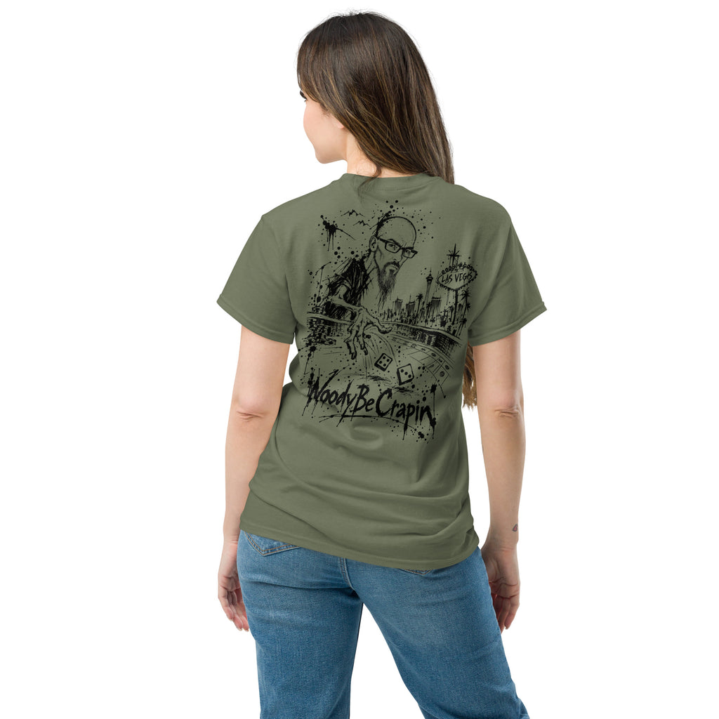 Degenerate Shooter tee, military green, back view