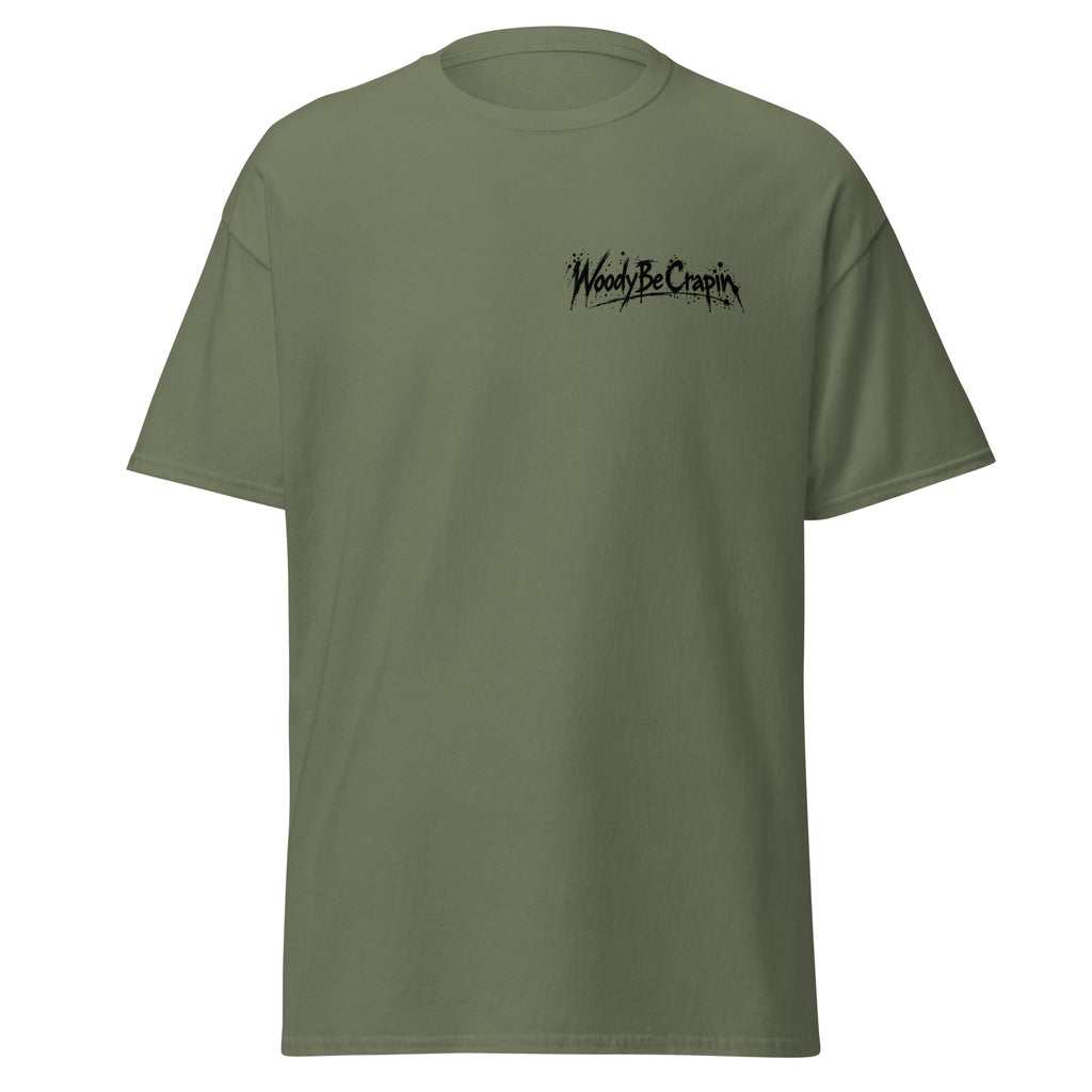 Degenerate Shooter tee, military green, front view