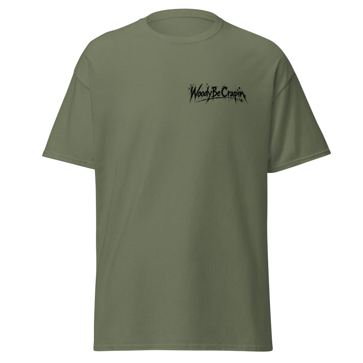 Degenerate Shooter tee, military green, front view