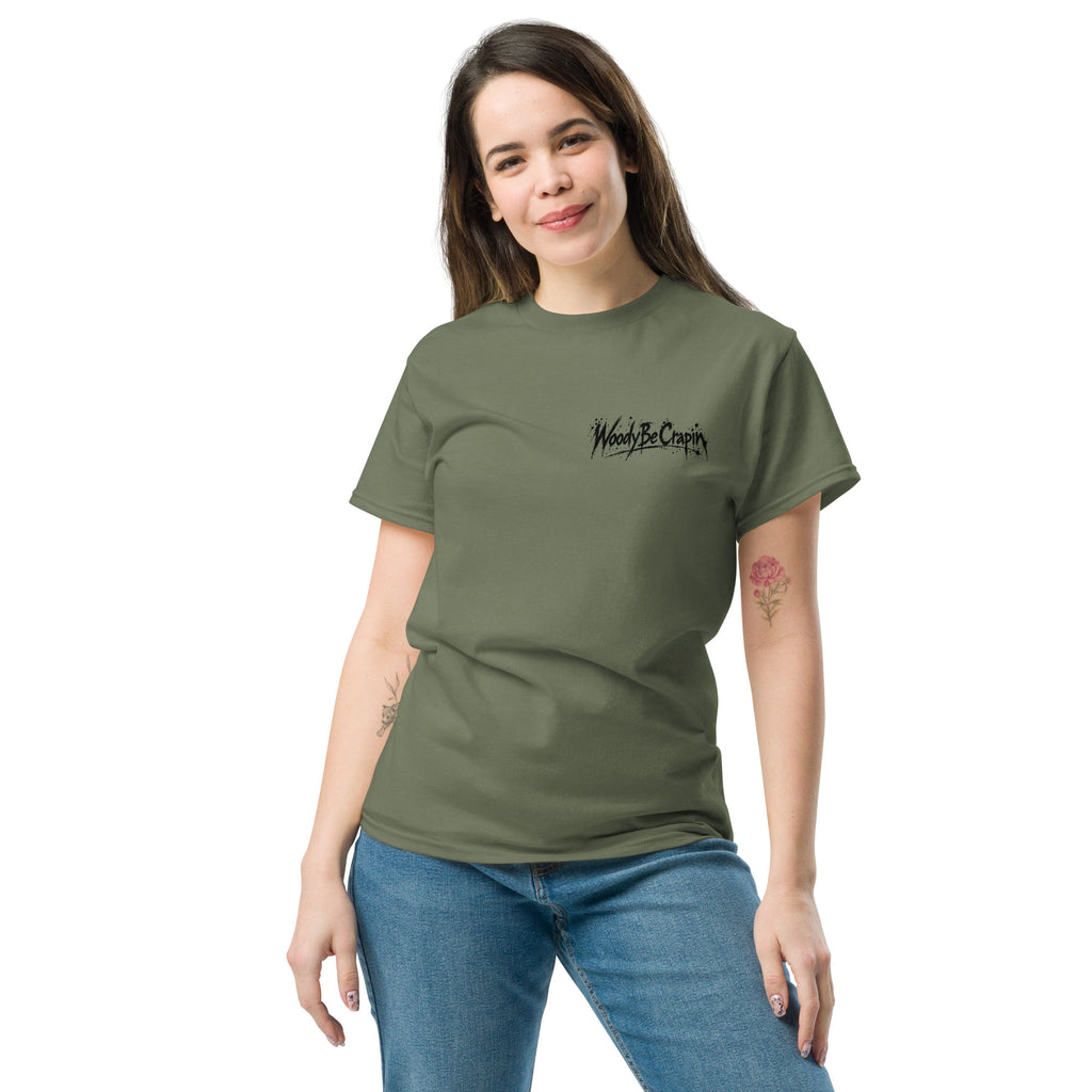 Degenerate Shooter tee, military green, front view