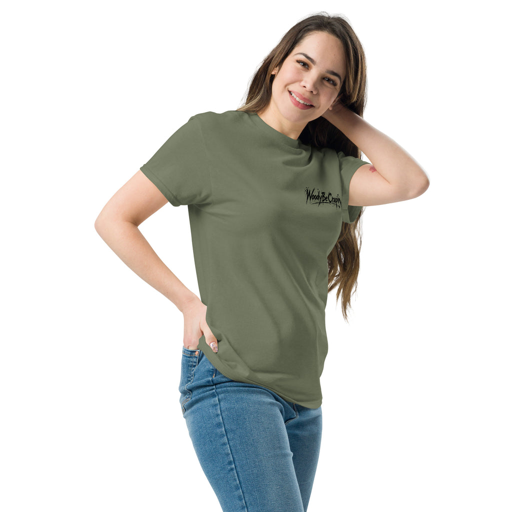 Degenerate Shooter tee, military green, left front view