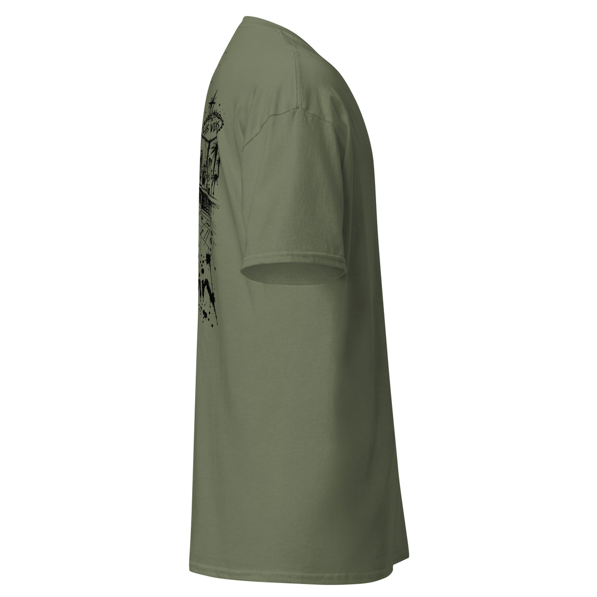 Degenerate Shooter tee, military green, right side view