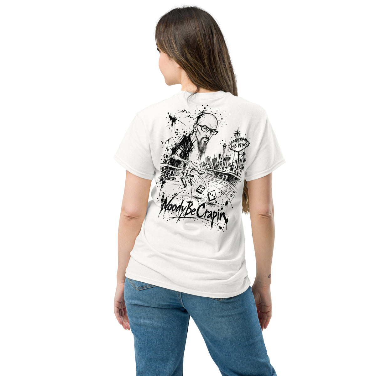 Degenerate Shooter tee, white, back view