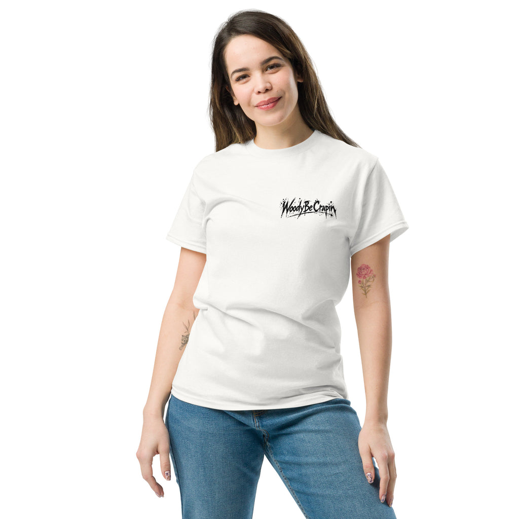 Degenerate Shooter tee, white, front view