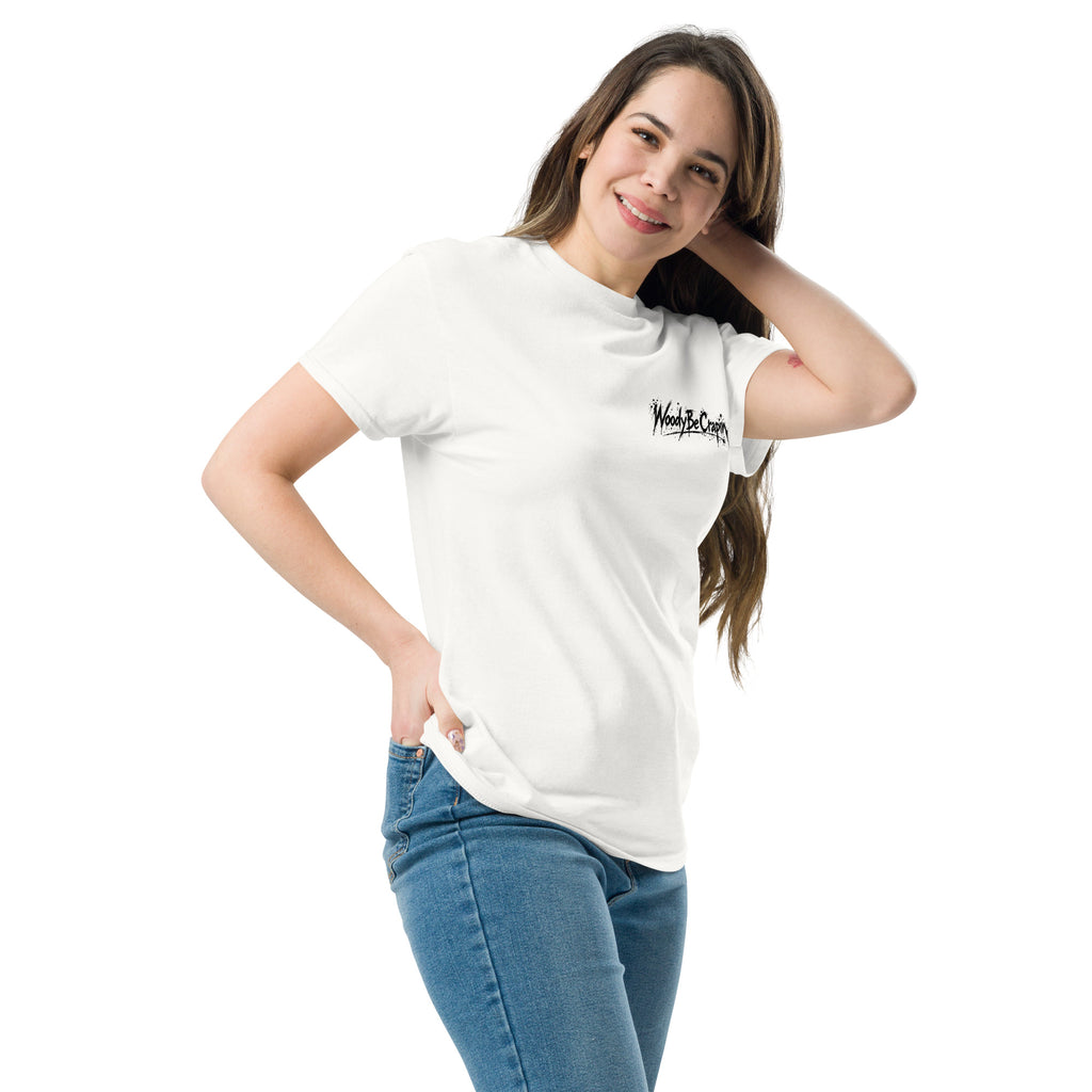 Degenerate Shooter tee, white, left front view