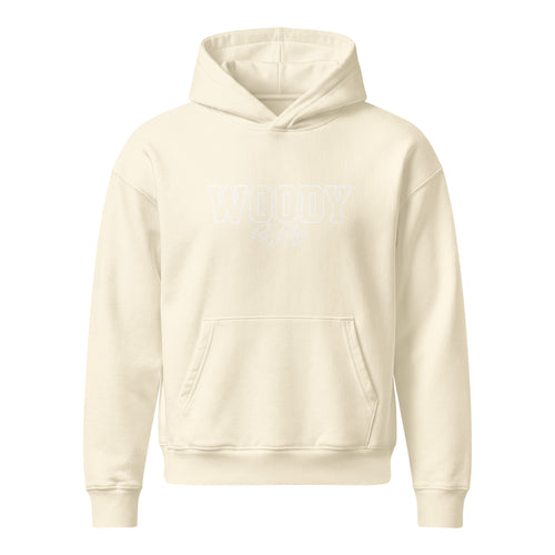 Varsity Woody Hoodie, cream, front view