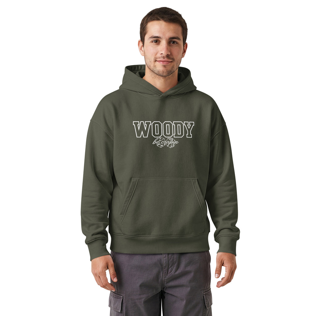 Varsity Woody Hoodie, khaki green, front view